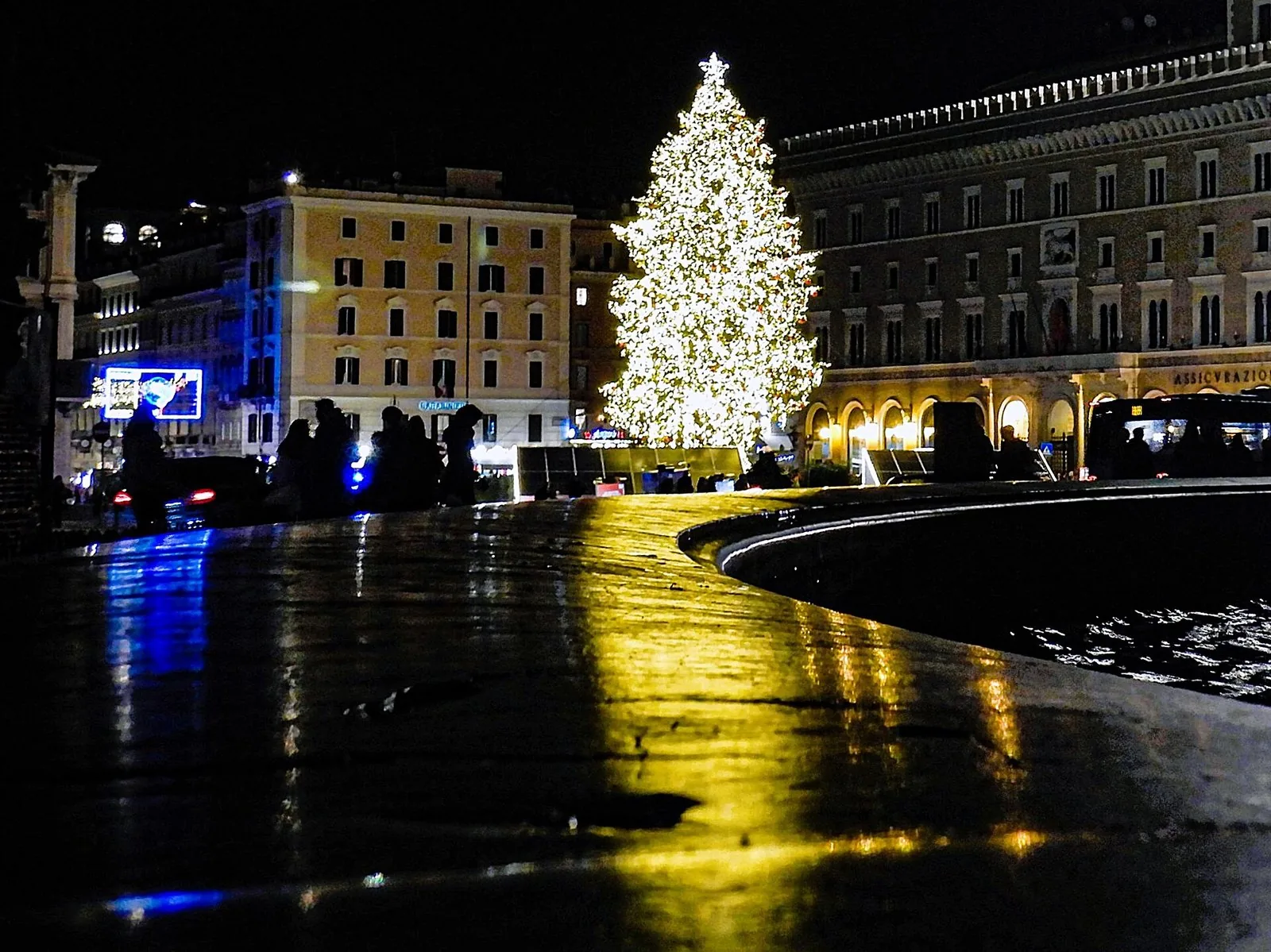 L'albero di Natale illuminato in Piazza Venezia a Roma, di sera, riflesso sulla pavimentazione bagnata