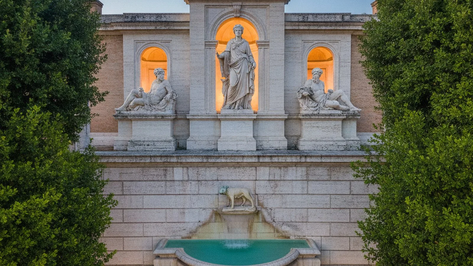 La fontana monumentale di Piazza del Popolo a Roma, incorniciata dagli alberi del Pincio