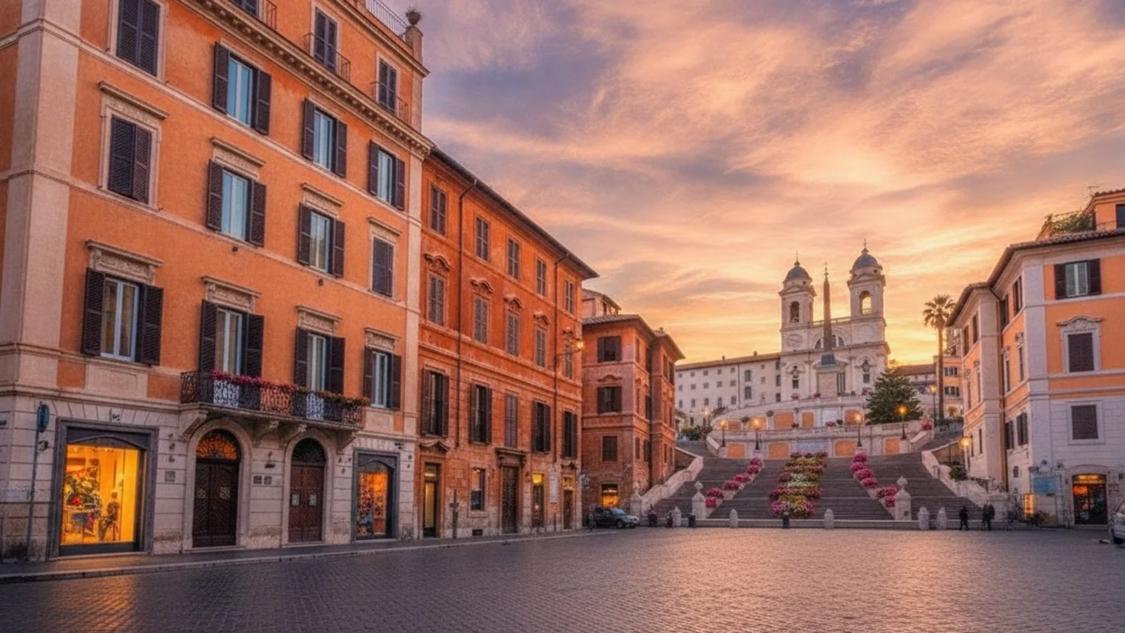 Piazza di Spagna a Roma vista da via Condotti, con la scalinata di Trinità dei Monti sullo sfondo