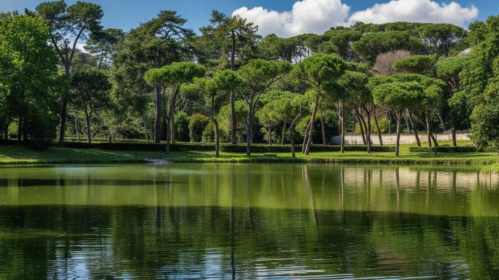 Il laghetto di Villa Ada a Roma, circondato da pini domestici che si riflettono nell'acqua