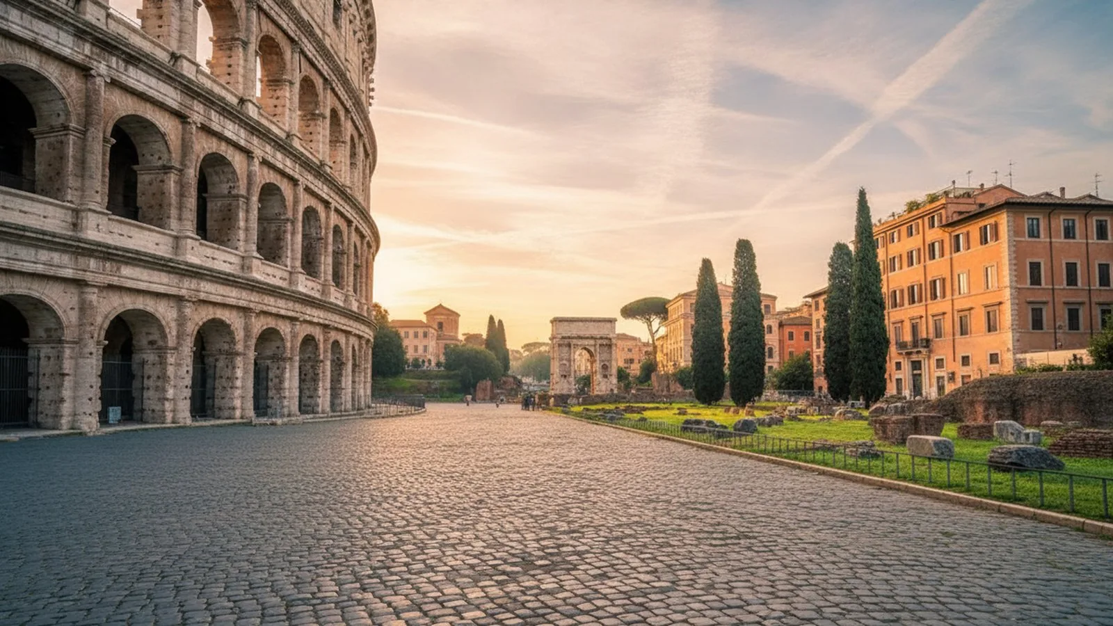 La via che costeggia i Fori Imperiali a Roma, con il Colosseo sullo sfondo all'alba